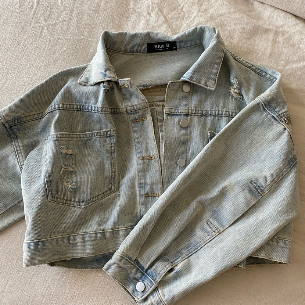 Rhinestone cropped denim jacket